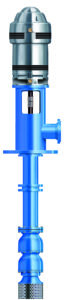 Vertical image of a Goulds blue short set lineshaft turbine pump.